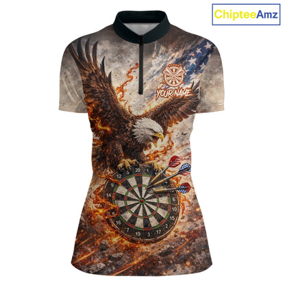 Personalized Grunge Fire Eagle Darts Shirt For Women, Patriotic Darts Jersey Team Polo & 1/4 Zip TDM5911