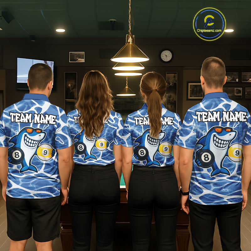 Blue Funny Shark 8 Ball & 9 Ball Billiard Shirt For Men Custom Pool Team Jersey Polo & 1/4 Zip TDM6056