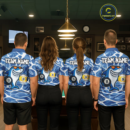 Blue Funny Shark 8 Ball & 9 Ball Billiard Shirt For Men Custom Pool Team Jersey Polo & 1/4 Zip TDM6056