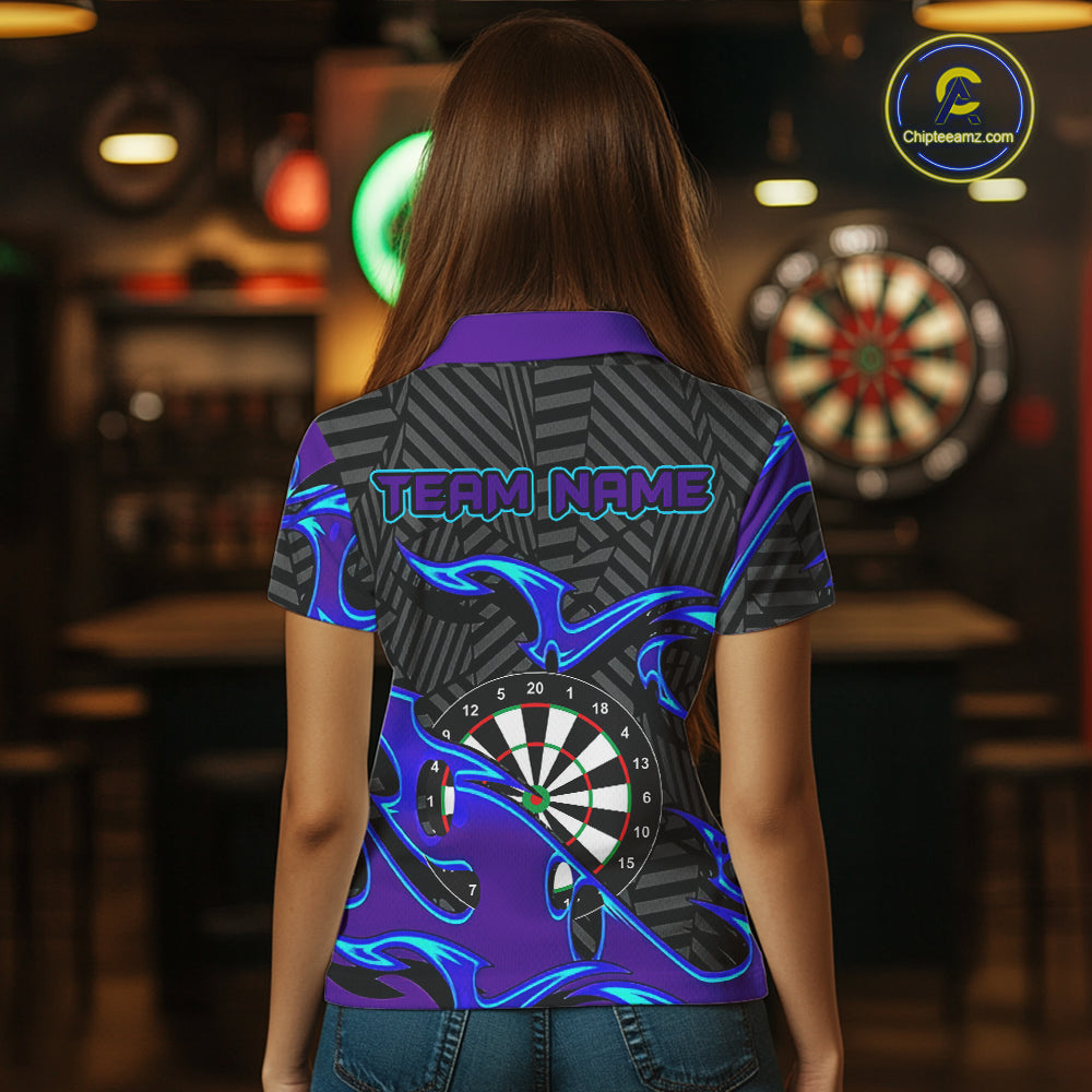 Custom Black Purple Tribal Flame Darts Polo Shirt For Women, Personalized Darts Team Jerseys TDM1429