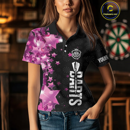 Pink And Black Custom Star Dart Shirts For Women, Glowing Dart Jerseys Funny Darts Team Shirts TDM3884