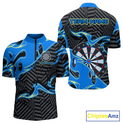 Custom Black And Blue Tribal Flame Dart Shirts For Men, Darts Team Jerseys Polo & Quarter Zip TDM3970