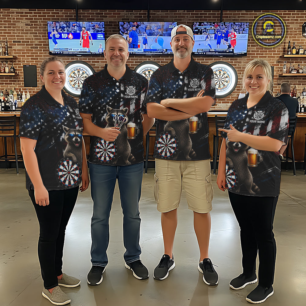 Funny Raccoon Grunge American Flag Darts Shirt For Men Custom Darts Jersey Team Polo & 1/4 Zip TDM6483