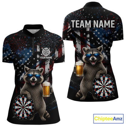 Funny Raccoon Grunge American Flag Darts Shirt For Women Custom Darts Jersey Team Polo & 1/4 Zip TDM6483