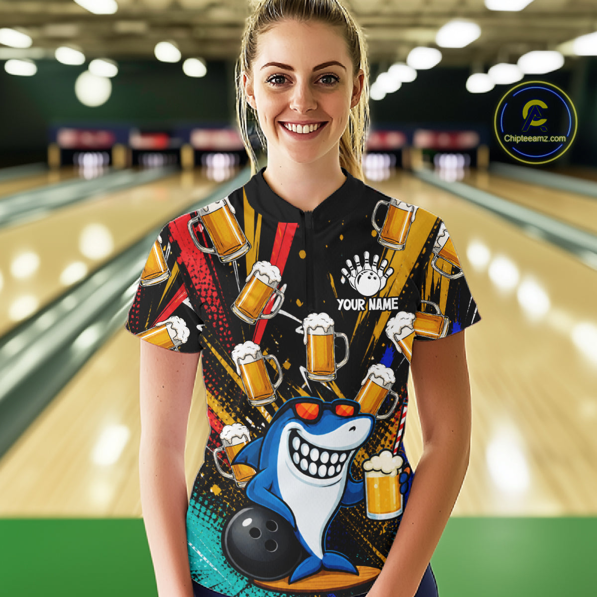 Colorful Graffiti Funny Shark And Beer Bowling Polo, 1/4 Zip For Women Custom Bowling Team Jersey TDM6488