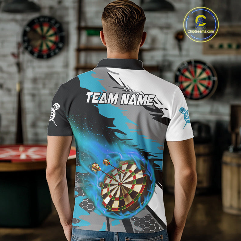 Blue Dartboard Fire Flame Paint Splash Dart Shirt Polo & 1/4 Zip For Men Custom Dart Team Jersey TDM4174