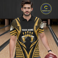 Load image into Gallery viewer, Man Wearing Black And Gold Tribal Beer Bowling Polo Shirt Front View Custom Bowling Jersey
