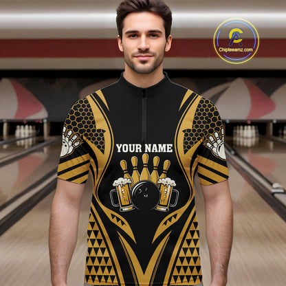 Man Wearing Black And Gold Tribal Beer Bowling Quarter Zip Shirt Front View Custom Bowling Jersey