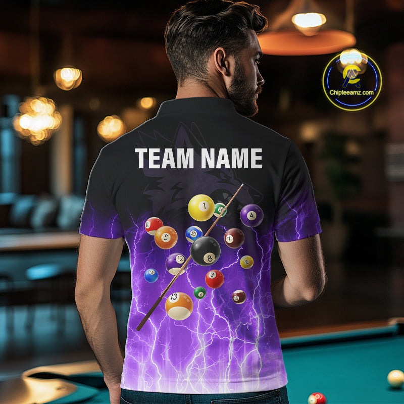 Custom Billiard Shirt For Men, Purple Thunder Lightning Wolf Pool Balls Team Jersey Polo & 1/4 Zip TDM4559