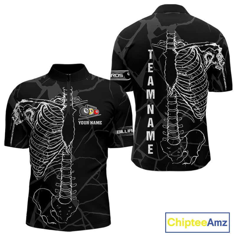 White Skeleton Custom Black Grunge Billiard Shirts For Men, Funny Billiard Jerseys Short Sleeve TDM2723