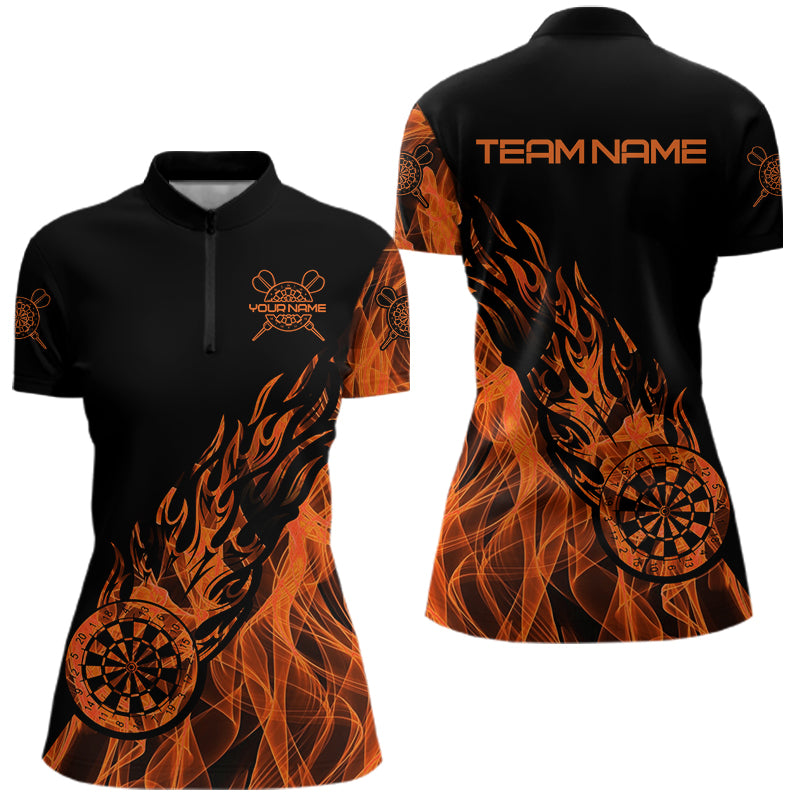 Black And Orange Dartboard Fire Flame Darts Polo, Quarter Zip Custom Dart Shirt For Women Dart Jersey TDM3410