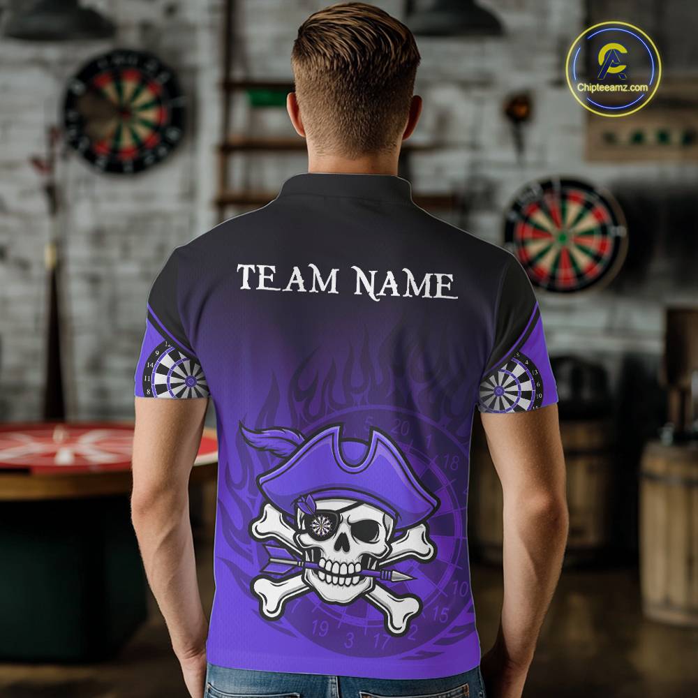 Black Purple Funny Pirate Flame Skull Darts Shirt For Men Custom Dart Jerseys Team Polo & 1/4 Zip TDM5704