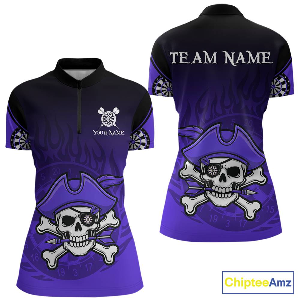 Black Purple Funny Pirate Flame Skull Darts Shirt For Women Custom Dart Jerseys Team Polo & 1/4 Zip TDM5704