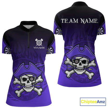 Black Purple Funny Pirate Flame Skull Darts Shirt For Women Custom Dart Jerseys Team Polo & 1/4 Zip TDM5704
