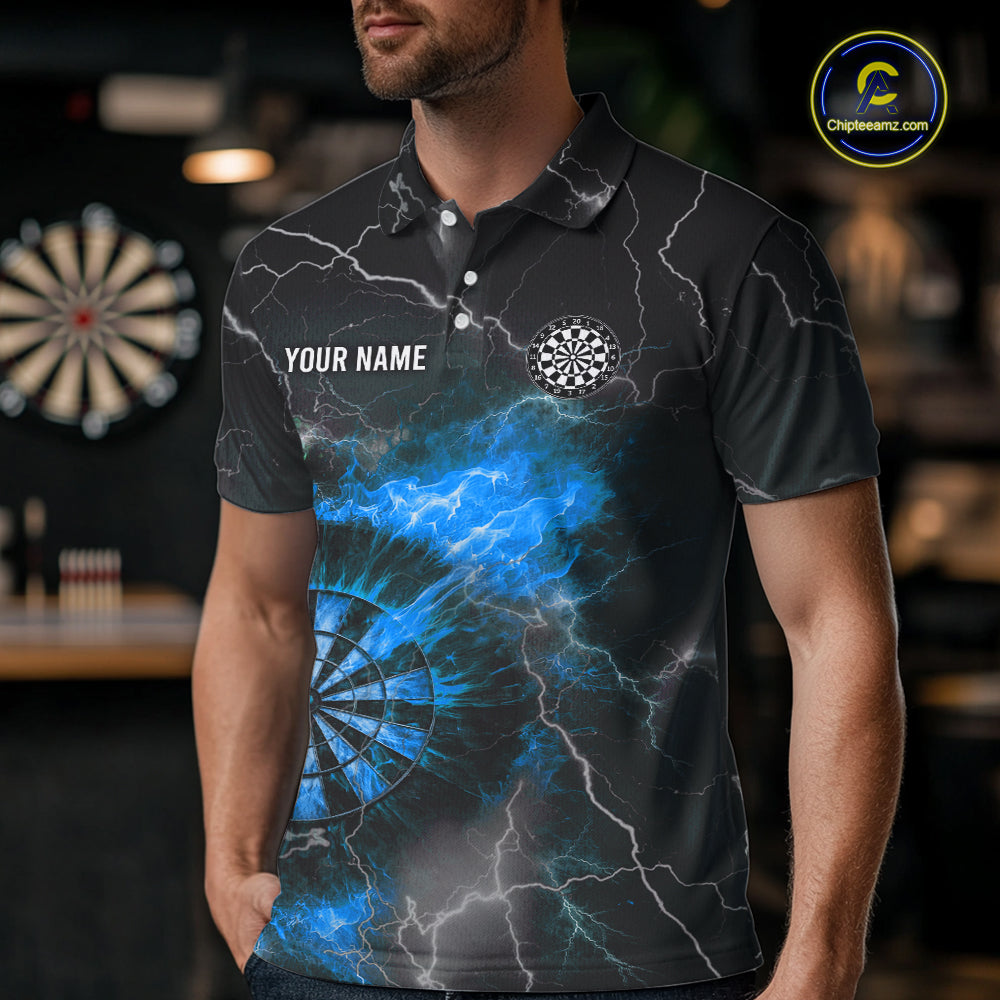 Custom Lightning Flame Darts Shirt For Men, Darts Jersey Pocket Option|Blue TDM5913