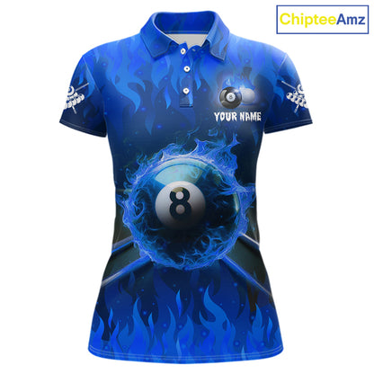 Personalized Blue 8 Ball Fire Flame Billiard Shirt For Women, Pool Team Jersey Polo & 1/4 Zip TDM1434