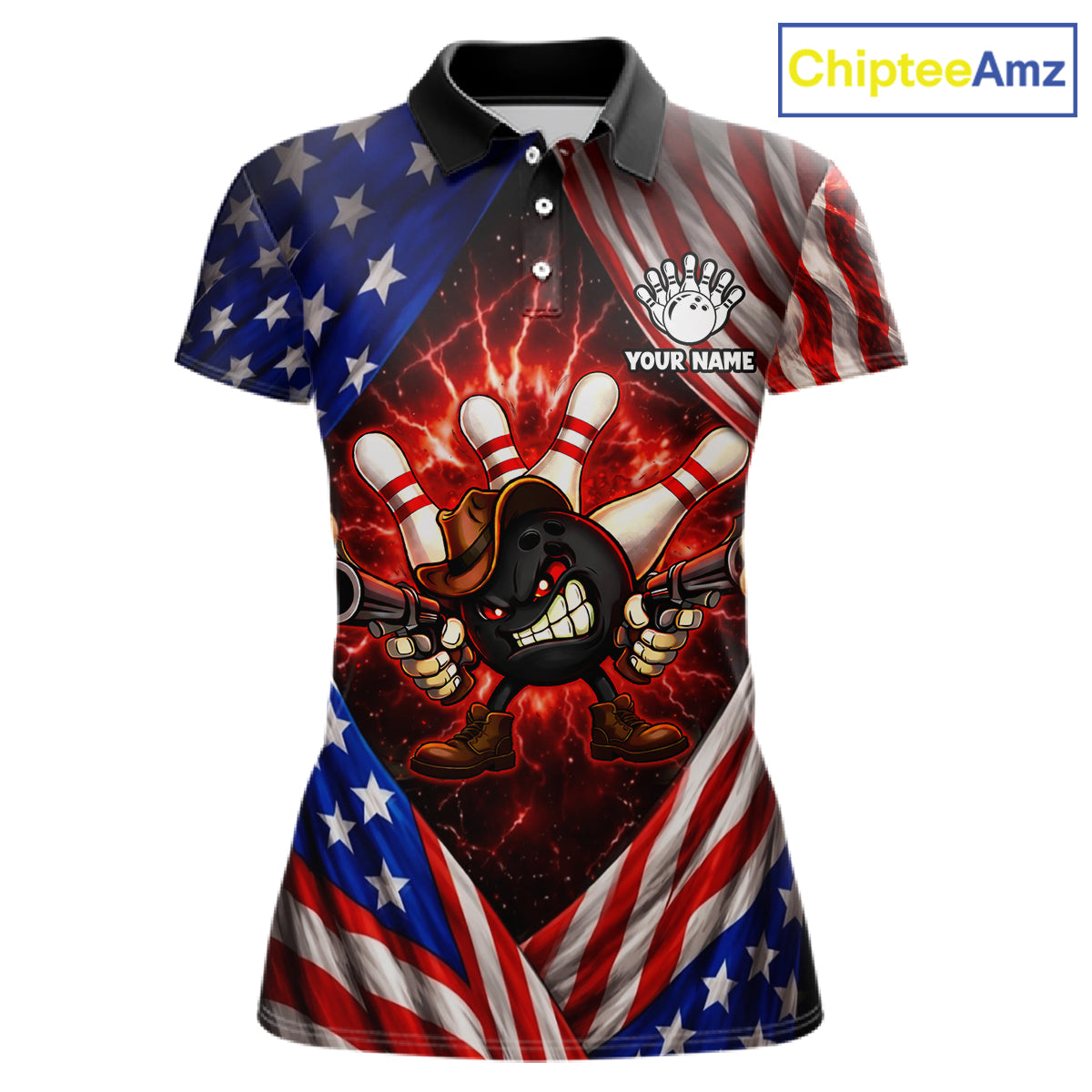 Glowing American Flag Funny Bowling Shirt For Women Custom Patriotic Bowling Jersey Polo & 1/4 Zip TDM6319
