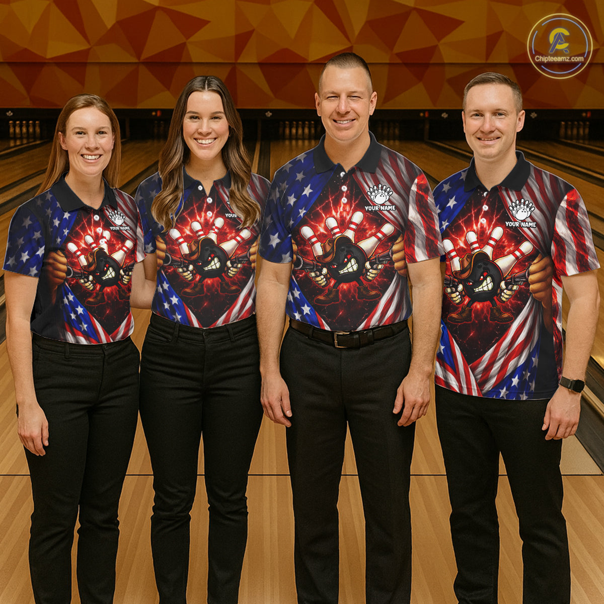 Glowing American Flag Funny Bowling Shirt For Women Custom Patriotic Bowling Jersey Polo & 1/4 Zip TDM6319
