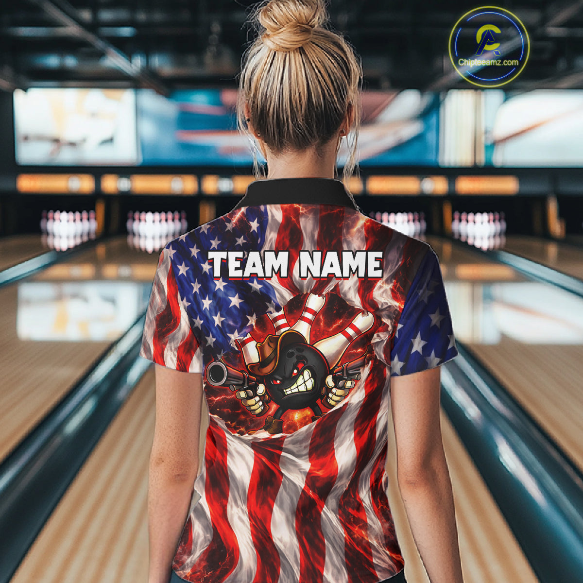 Glowing American Flag Funny Bowling Shirt For Women Custom Patriotic Bowling Jersey Polo & 1/4 Zip TDM6319