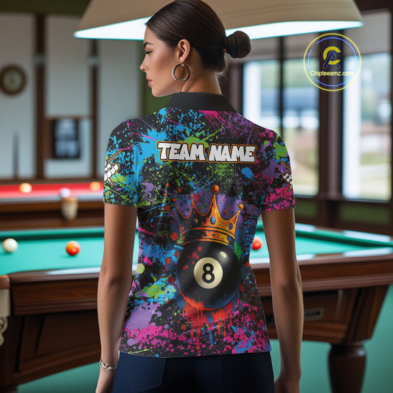 Funny 8 Ball Crown Colorful Paint Splash Custom Billiard Shirt For Women, Billiard Team Jerseys TDM3982