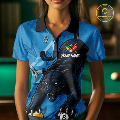 Custom Blue 8 Ball & 9 Ball Panther Billiard Shirt For Women, Billiard Team Jersey Polo & 1/4 Zip TDM6494