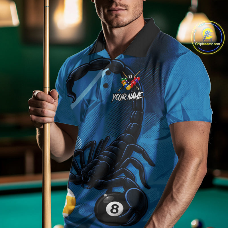 Custom Blue 8 Ball & 9 Ball Scorpion Billiard Shirt For Men, Billiard Team Jersey Polo & 1/4 Zip TDM6495