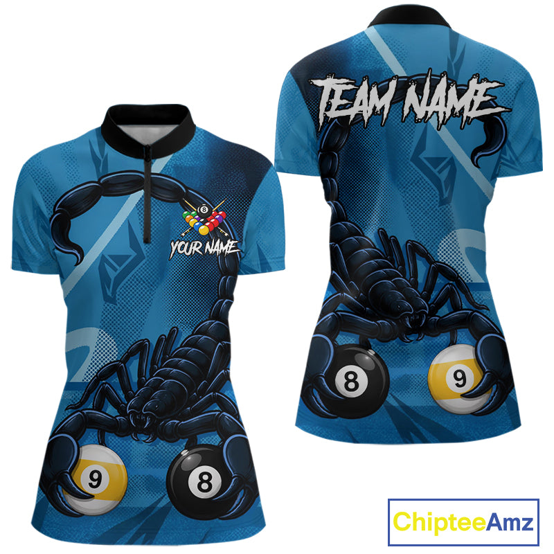 Custom Blue 8 Ball & 9 Ball Scorpion Billiard Shirt For Women, Billiard Team Jersey Polo & 1/4 Zip TDM6495