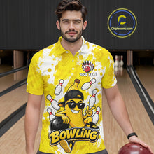 Load image into Gallery viewer, Man wearing a funny yellow banana bowling polo shirt at a bowling alley front view.