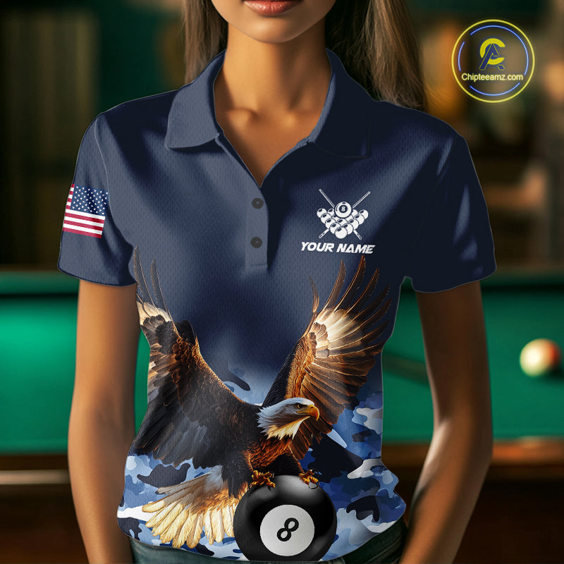 Woman wearing blue camo eagle 8 ball billiard pool team jersey polo shirt featuring blue camouflage eagle artwork, front view.