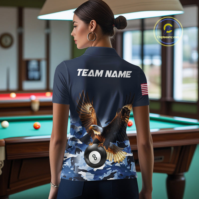 Woman wearing blue camo eagle 8 ball billiard pool team jersey polo shirt featuring blue camouflage eagle artwork, back view.