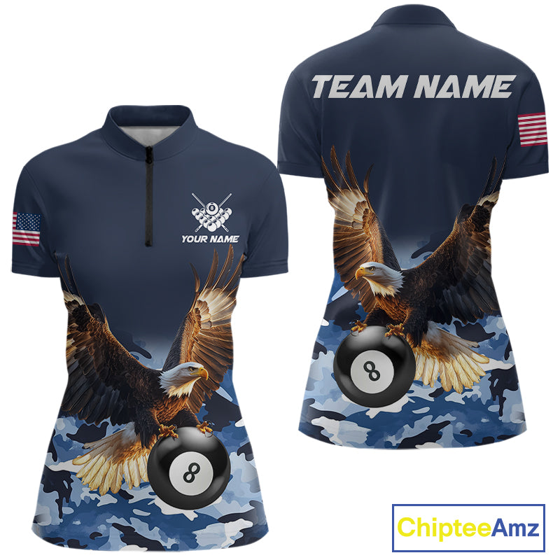Blue camo eagle 8 ball billiard pool team jersey quarter zip shirt for women featuring premium blue camouflage eagle artwork for competitive billiard players.