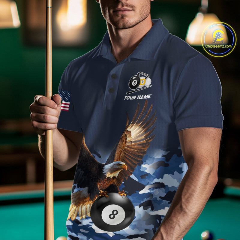 Man wearing blue camo eagle 8 ball and 9 ball pool billiard team jersey polo shirt featuring blue camouflage eagle artwork, front view.