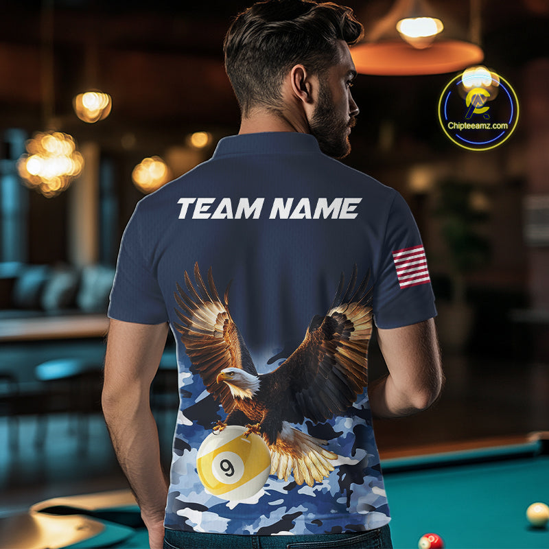 Man wearing blue camo eagle 8 ball and 9 ball pool billiard team jersey polo shirt featuring blue camouflage eagle artwork, back view.