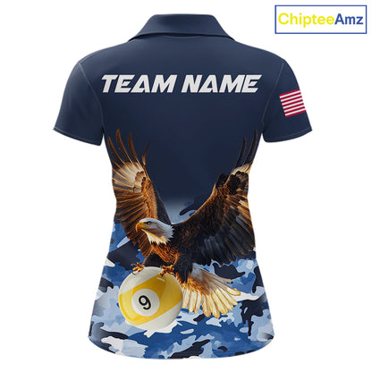 Blue camo eagle 8 ball and 9 ball pool billiard team jersey polo shirt for women featuring blue camouflage artwork with a powerful eagle, premium custom pool league apparel for tournaments and team competition.
