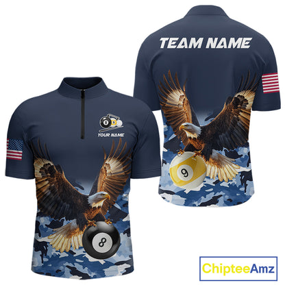 Blue camo eagle 8 ball and 9 ball pool billiard team jersey quarter zip shirt for men featuring premium blue camouflage eagle graphics for competitive pool players.