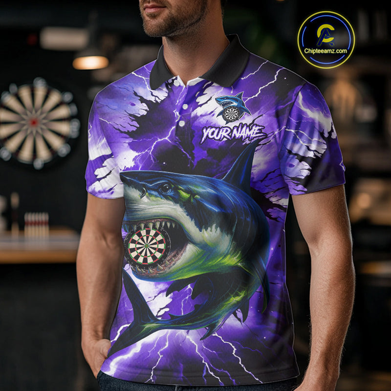 Thunder Lightning Storm Shark Darts Shirt For Men Custom Purple Darts Team Jersey Polo & 1/4 Zip TDM4570