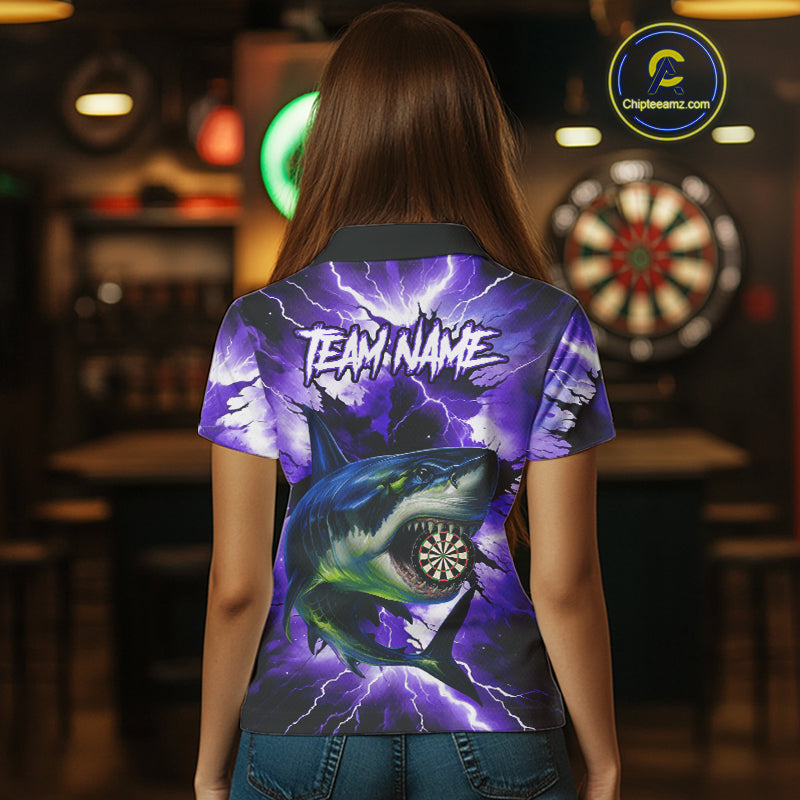 Thunder Lightning Storm Shark Darts Shirt For Women Custom Purple Darts Team Jersey Polo & 1/4 Zip TDM4570