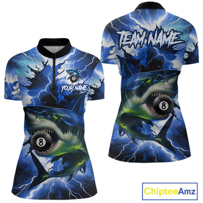 Thunder Lightning Storm Custom Shark Billiard Shirt For Women, 8 Ball Pool Billiard Team Jersey|Blue TDM4571