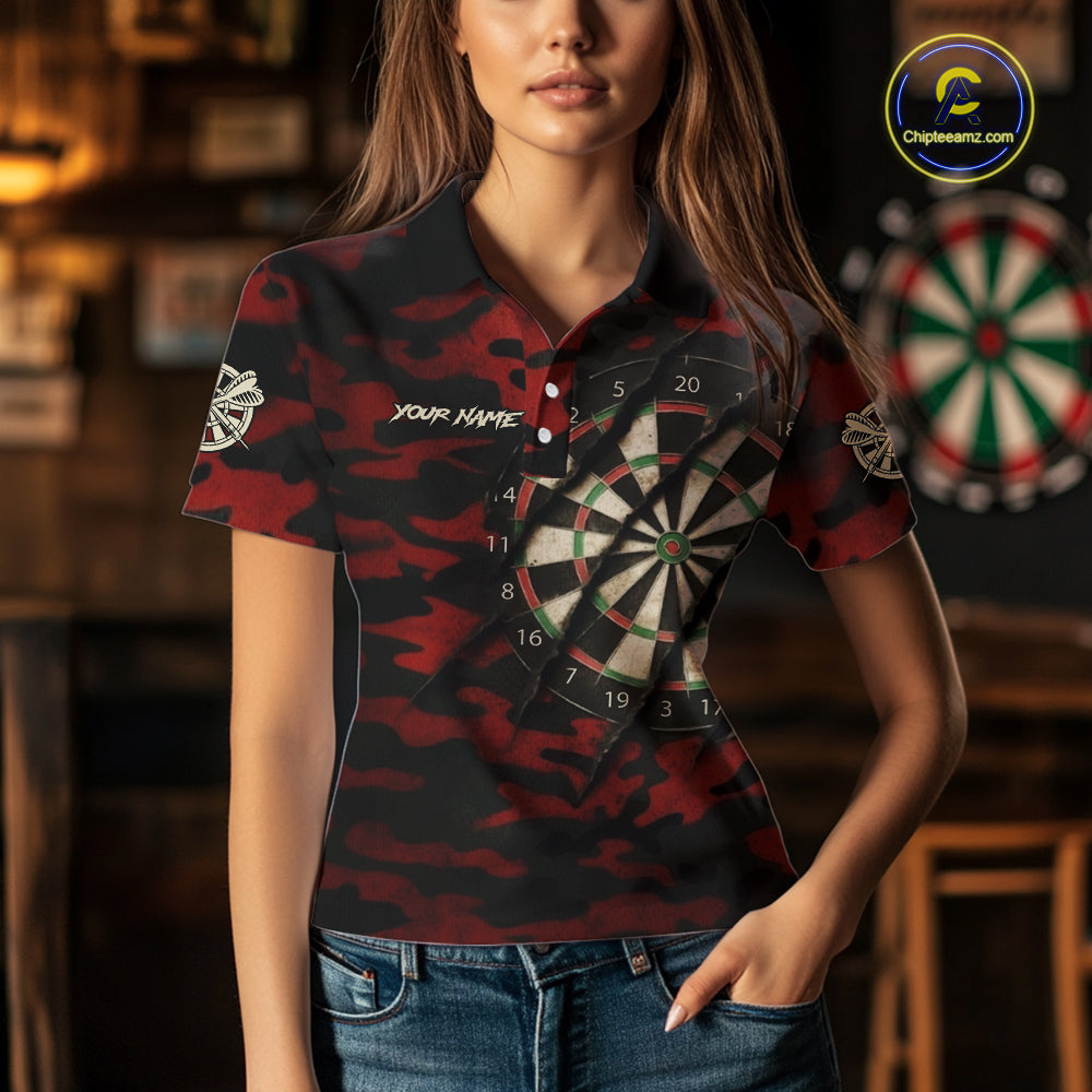 Black And Red Retro Camo Darts Shirt For Women Custom Darts Jersey Team Polo & Quarter Zip TDM5456