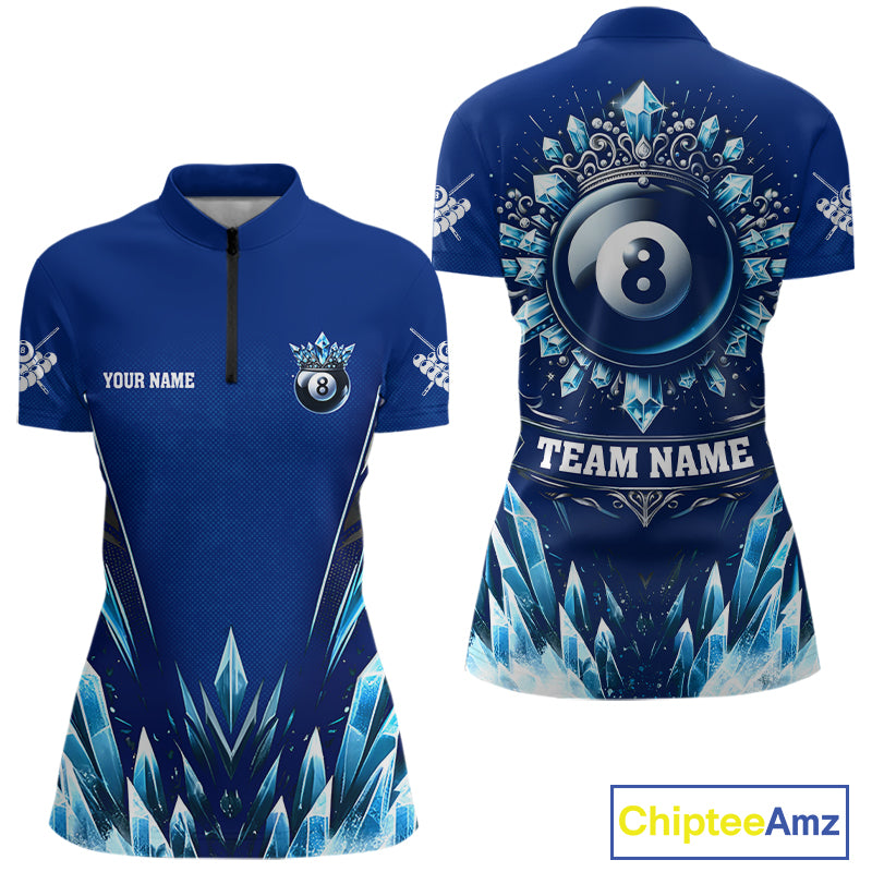 Blue 8 Ball Pool Icy Billiard Polo & 1/4 Zip For Women Custom Billiard League Team Jersey TDM5715