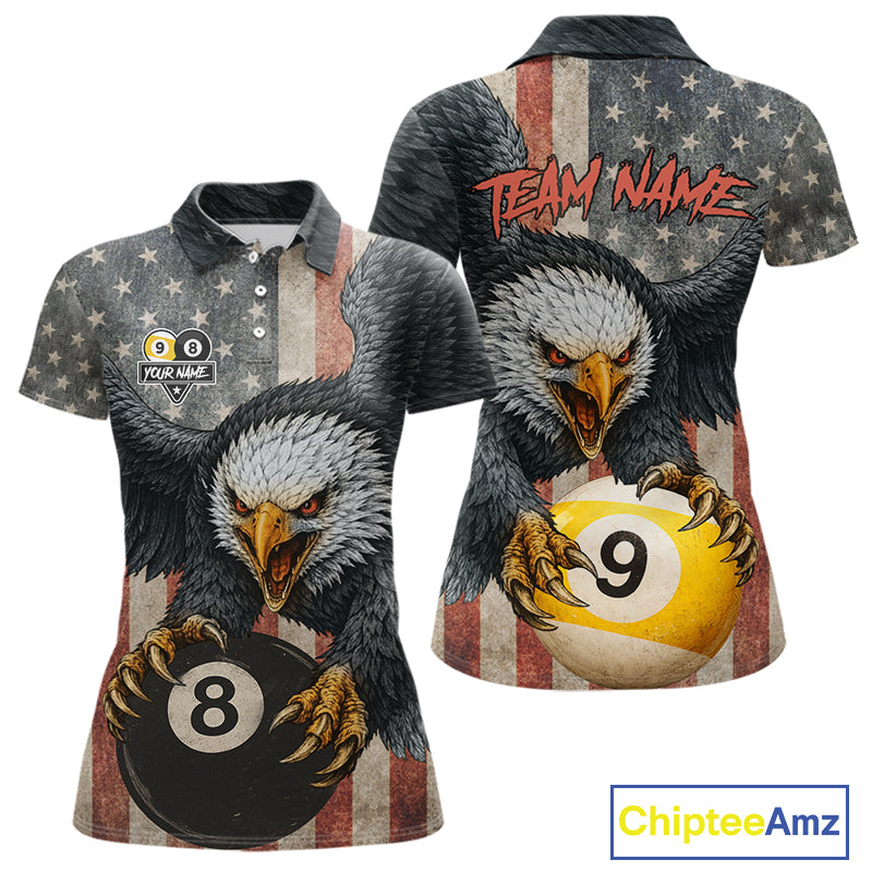 Personalized 8 Ball & 9 Ball Vintage American Flag Eagle Billiard Shirt For Women, Pool Team Jersey TDM5720