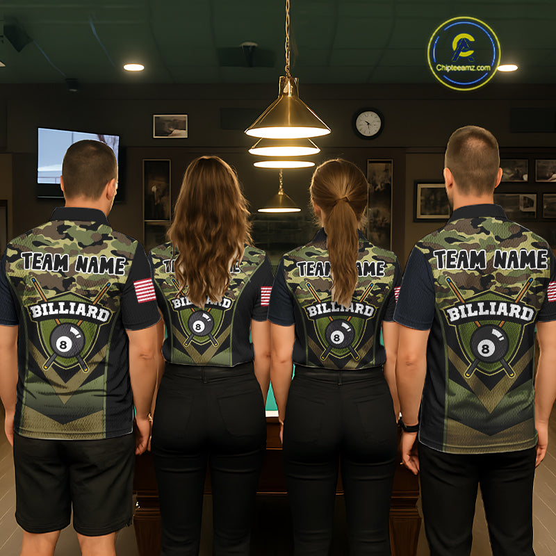 Personalized Green Camo 8 Ball Pool Billiard Shirt For Men, Billiard Team Jersey Polo & 1/4 Zip TDM6076