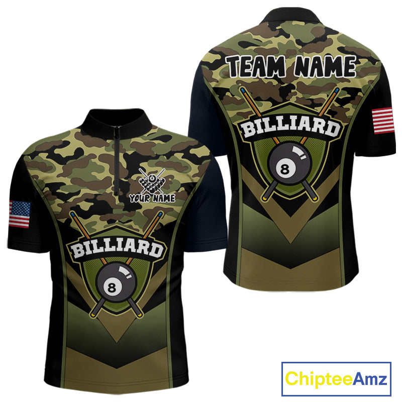 Personalized Green Camo 8 Ball Pool Billiard Shirt For Men, Billiard Team Jersey Polo & 1/4 Zip TDM6076