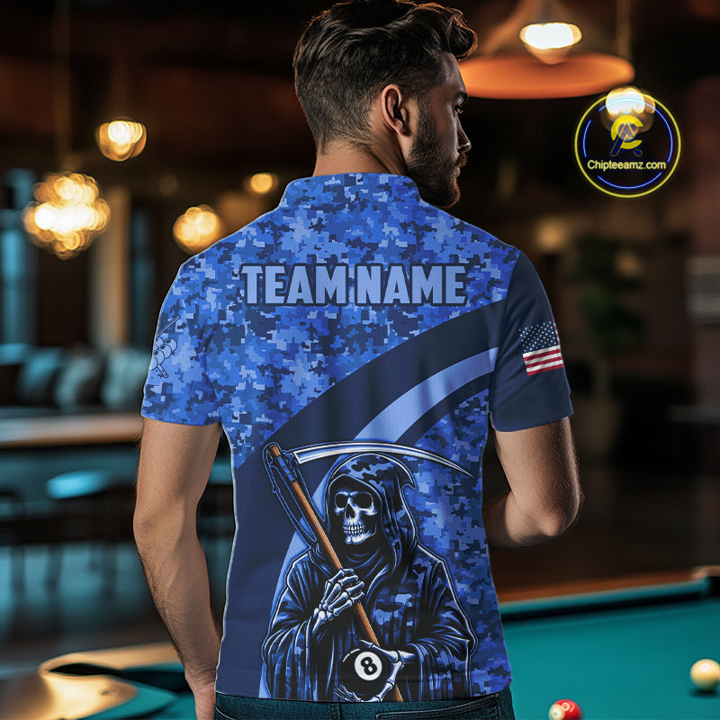Personalized Grim Reaper Blue Camo Billiard Shirts For Men Custom Military Billiard Jerseys TDM3985