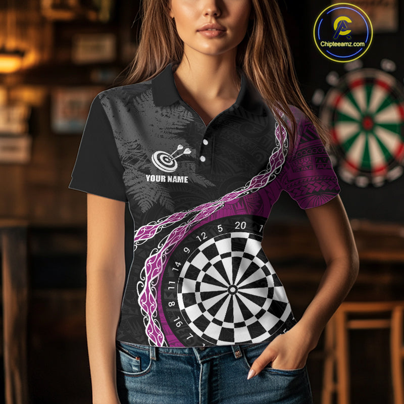 Custom Black And Purple Tribal Darts Shirts For Women | Team Polo & Quarter Zip Darts Jerseys TDM3991