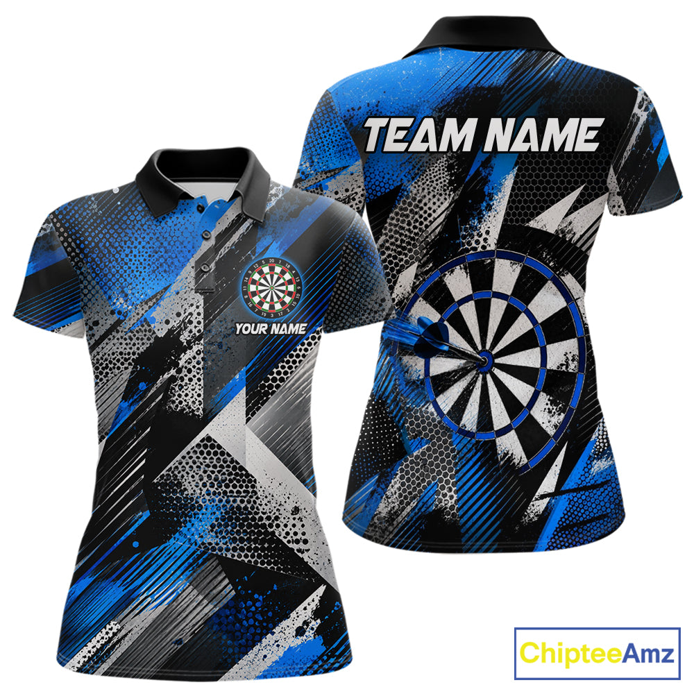 Personalized Blue Geometric Grunge Darts Shirt For Women Custom Darts Team Jersey Polo & 1/4 Zip TDM6507