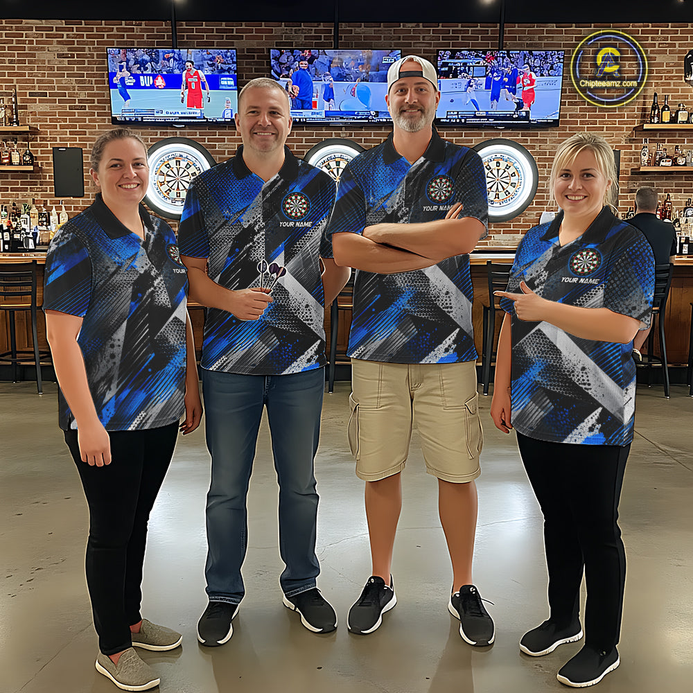 Personalized Blue Geometric Grunge Darts Shirt For Women Custom Darts Team Jersey Polo & 1/4 Zip TDM6507