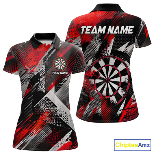 Personalized Red Geometric Grunge Darts Shirt For Women Custom Darts Team Jersey Polo & 1/4 Zip TDM6508