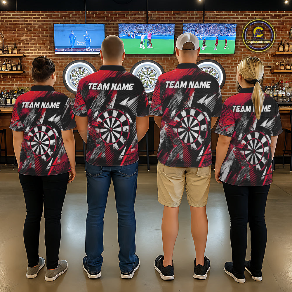 Personalized Red Geometric Grunge Darts Shirt For Women Custom Darts Team Jersey Polo & 1/4 Zip TDM6508