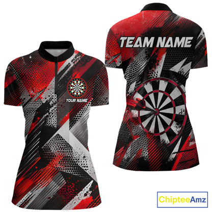 Personalized Red Geometric Grunge Darts Shirt For Women Custom Darts Team Jersey Polo & 1/4 Zip TDM6508
